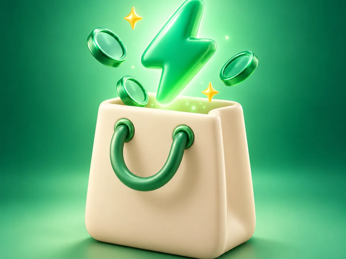 3D clay illustration of a shopping bag with a green lightning bolt