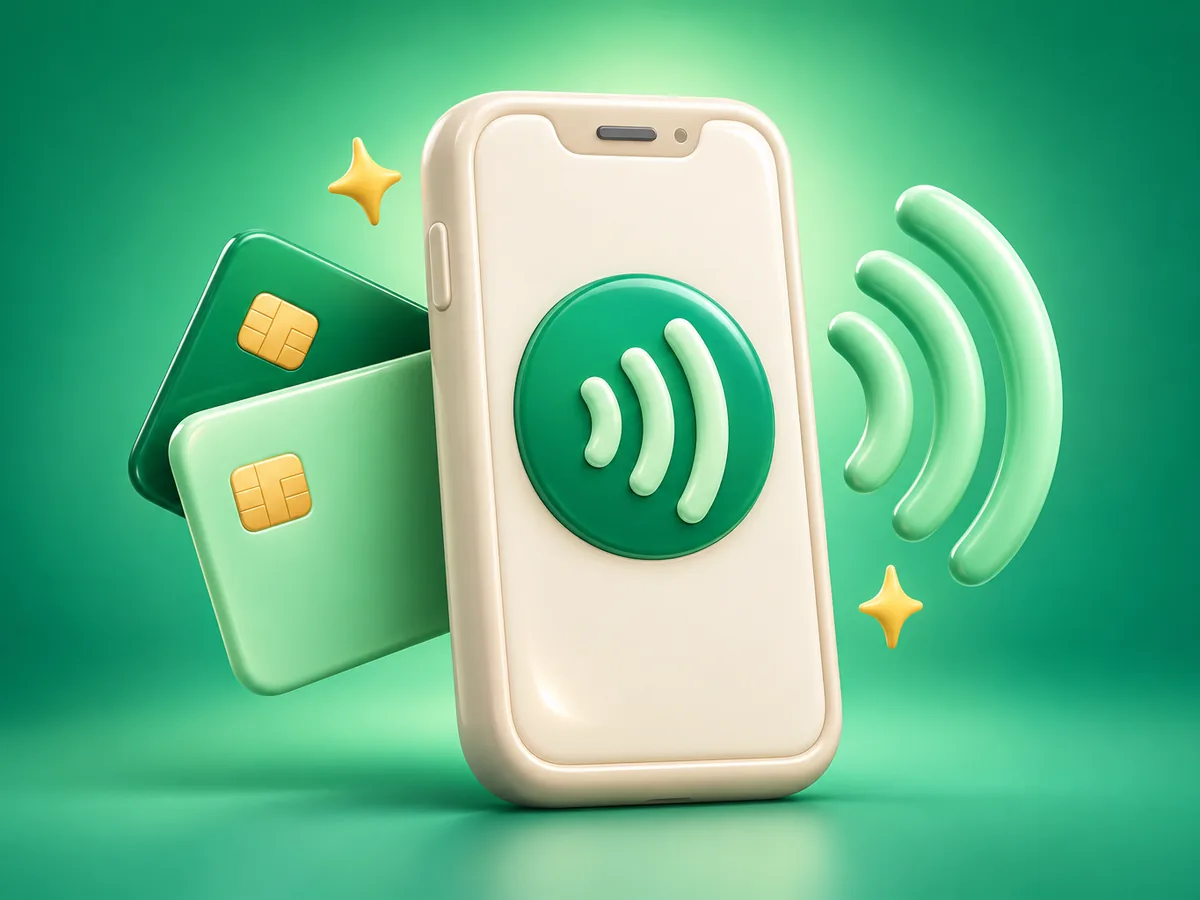 3D clay illustration of a phone with contactless waves and two payment cards