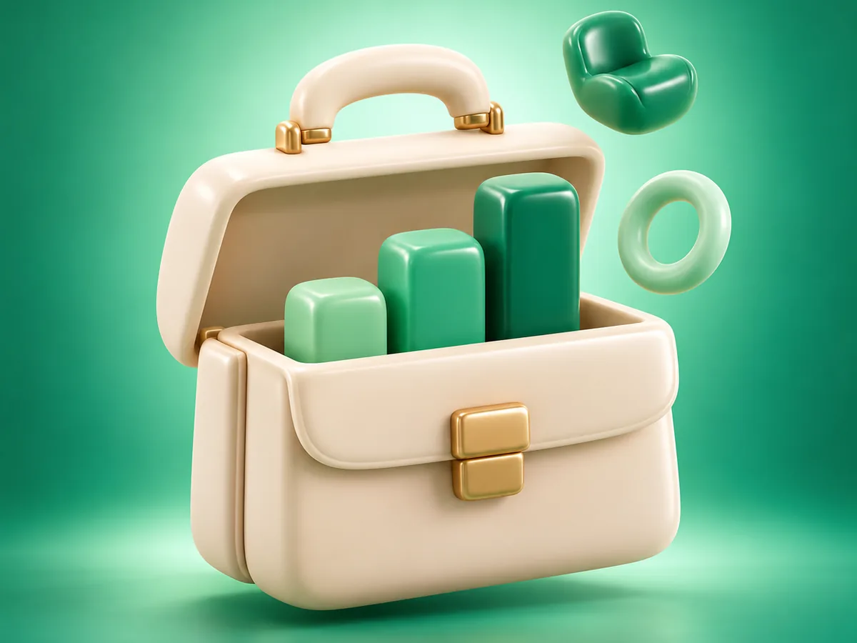 3D clay illustration of a briefcase with rising bars and a small seat shape