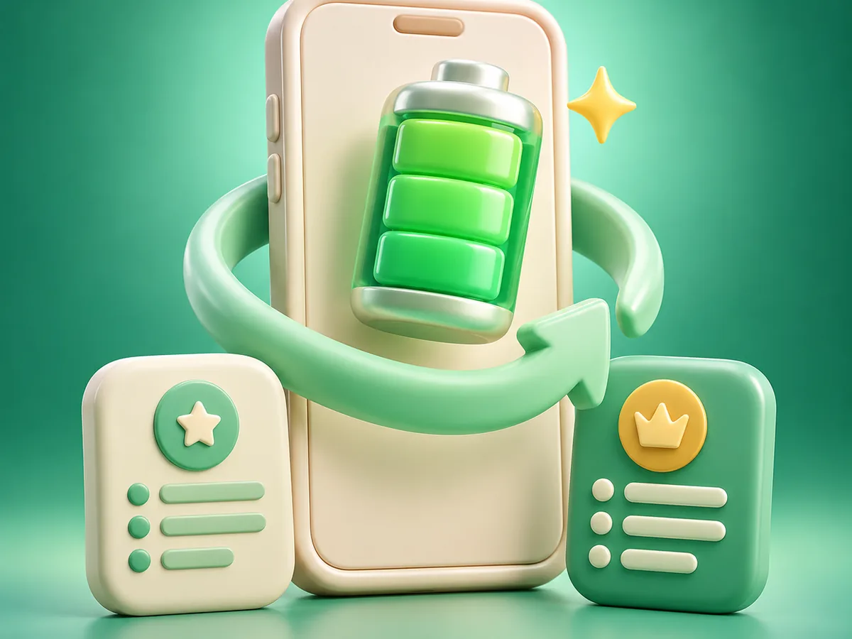 3D emerald clay smartphone with a glowing battery and plan tokens