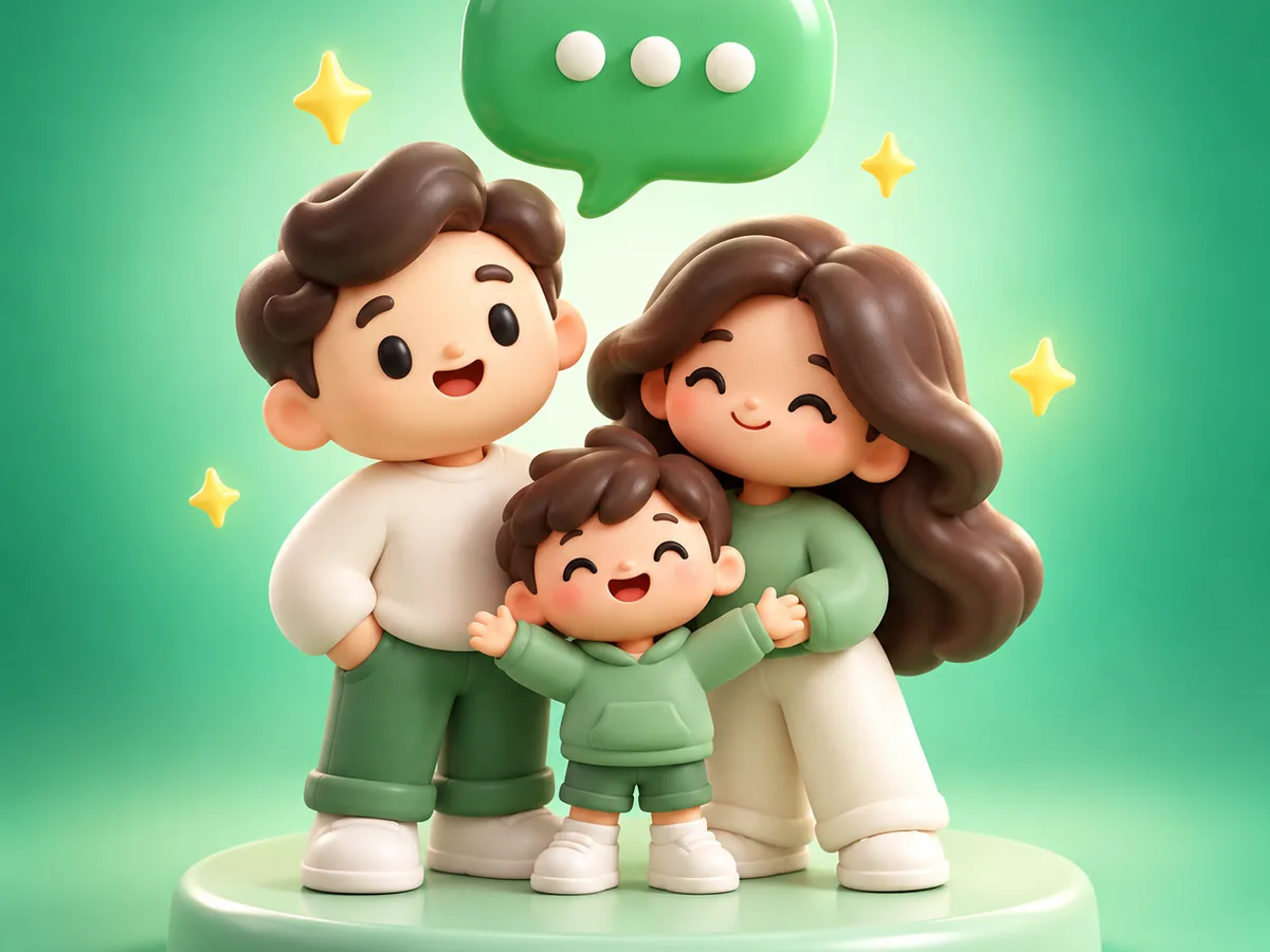 3D clay illustration of three rounded figures with a chat bubble floating above