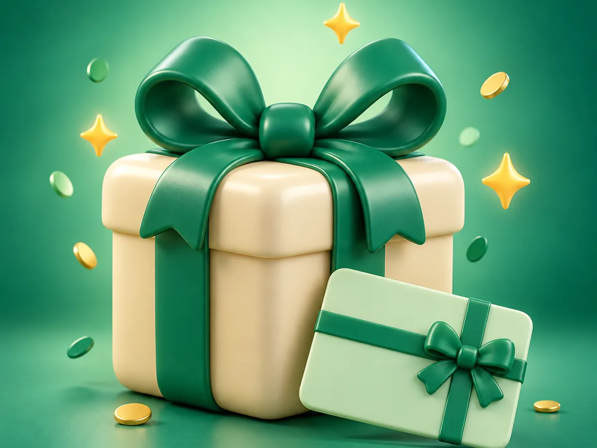 3D clay illustration of a gift box with an emerald ribbon and a gift card leaning against it