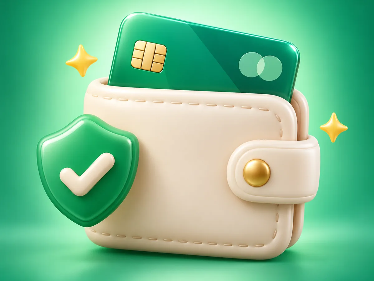 3D clay illustration of a wallet with a card sliding out and a shield with a checkmark