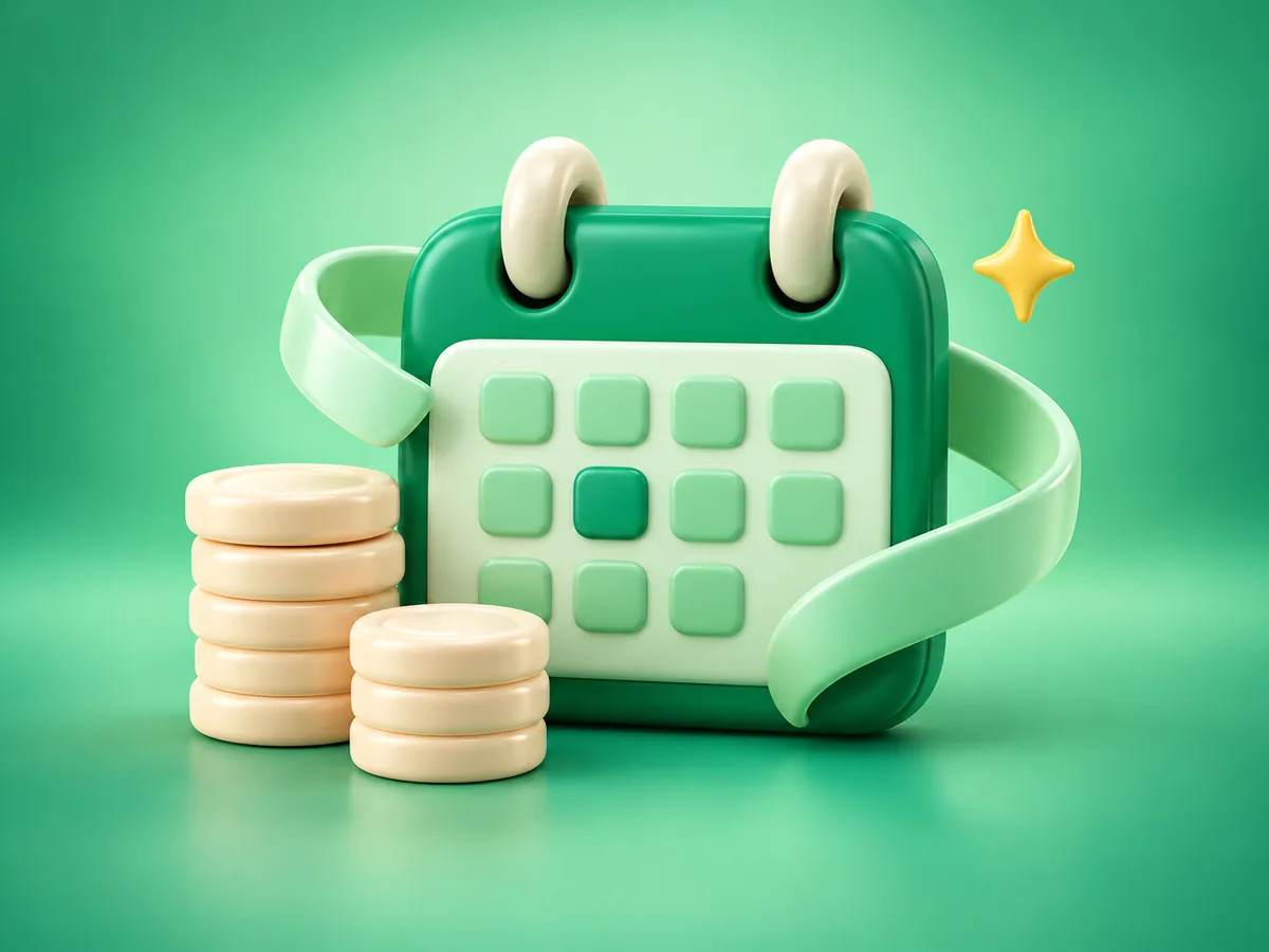 3D emerald clay calendar block and two token stacks