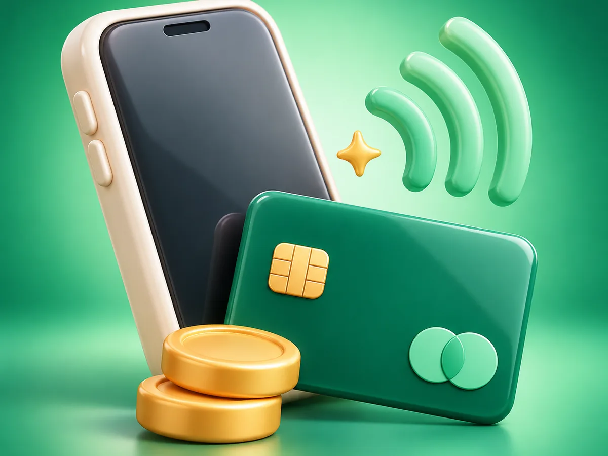 3D emerald clay payment card, smartphone and coin discs