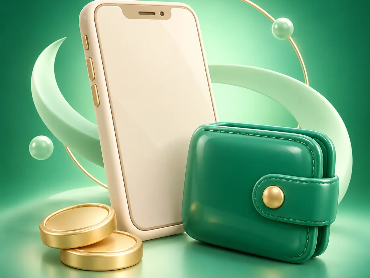 3D clay illustration of a phone with a wallet and coins under a mint crescent ribbon