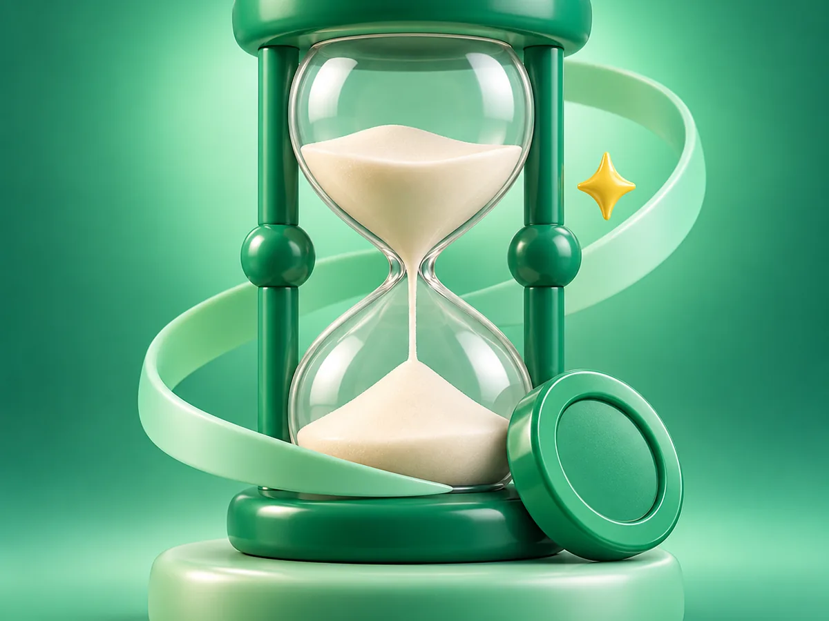 3D clay illustration of an emerald hourglass with a looping mint ribbon and a coin