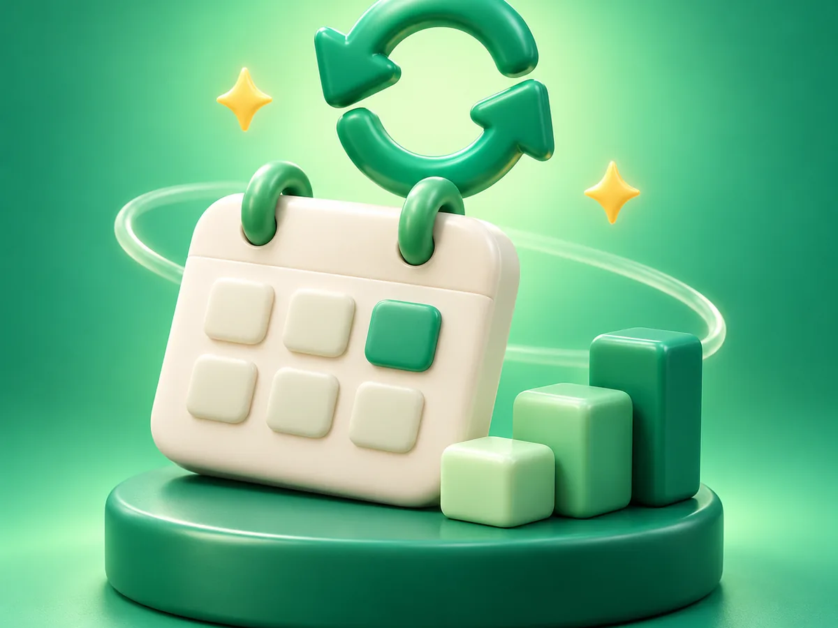 3D clay illustration of a plan card with a green refresh arrow and rising steps