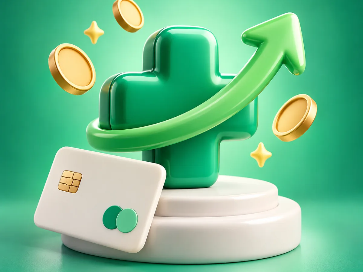 3D clay illustration of a credit card, a plus badge and an upward arrow representing a ChatGPT top-up
