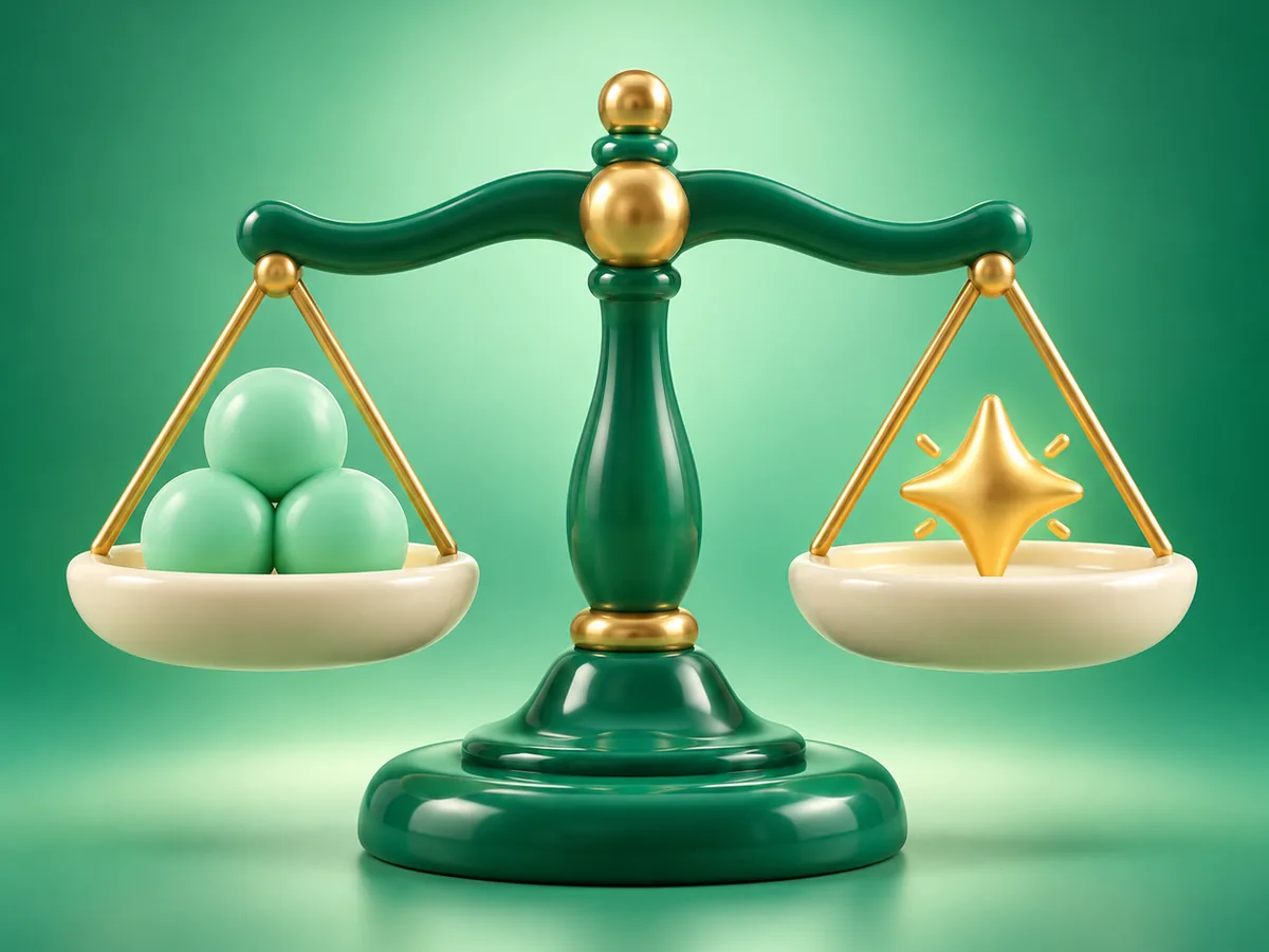 3D emerald clay balance scale with mint tokens