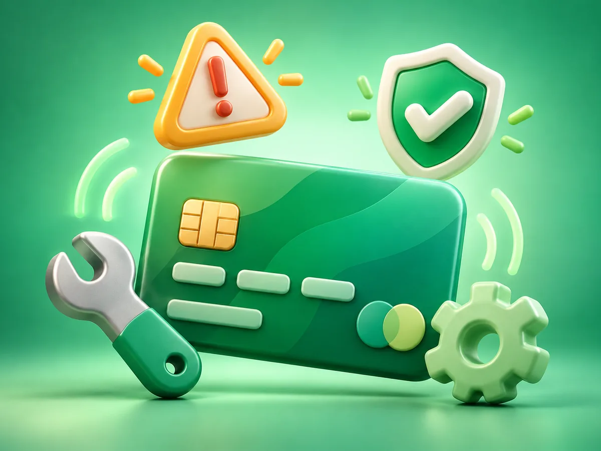 3D clay illustration of a declined payment with a card and warning symbol