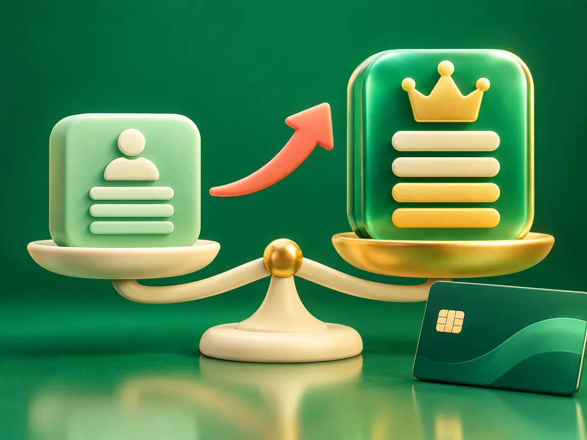 Green 3D clay comparison of a smaller Go plan block and a larger Pro performance block on a balance