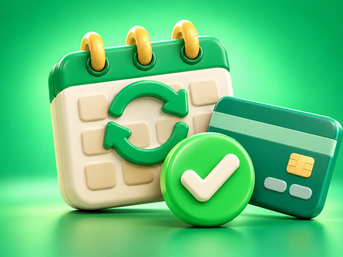 Green 3D clay calendar, renewal arrows, payment card and confirmation badge
