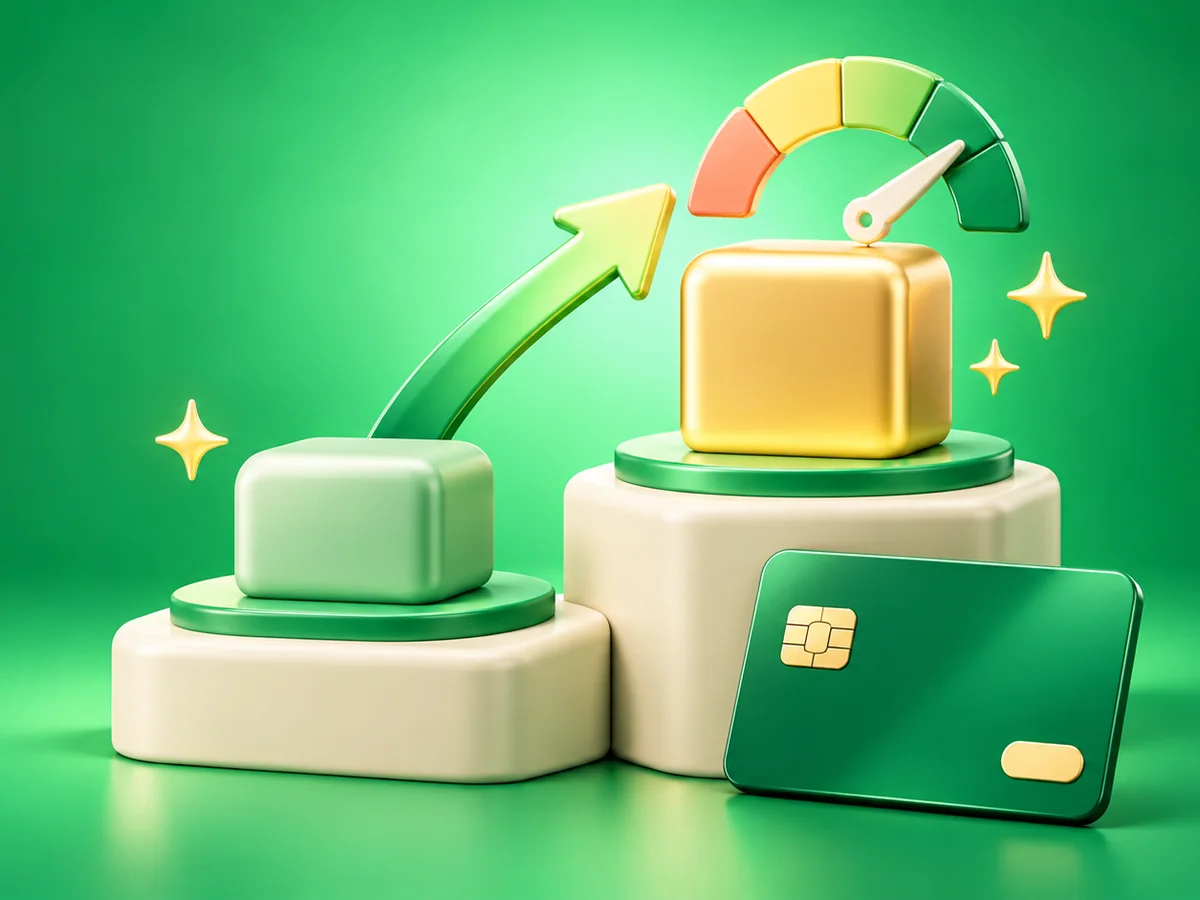 Green 3D clay tiered platforms, upward arrow, performance gauge and payment card